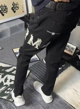 欧美潮牌春秋黑色破洞修身小脚字母牛仔裤男高端外贸刺绣弹力长裤