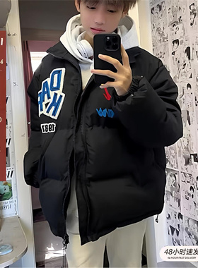 美式植绒刺绣字母棉服男女冬季加厚情侣保暖潮牌宽松面包服外套潮