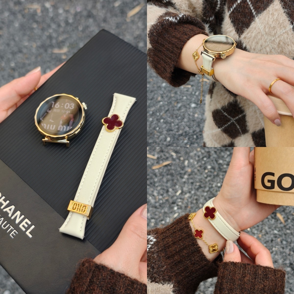 适用华为gt6手表带女款gt5钉扣watch5四叶草真皮腕表带miu系轻奢