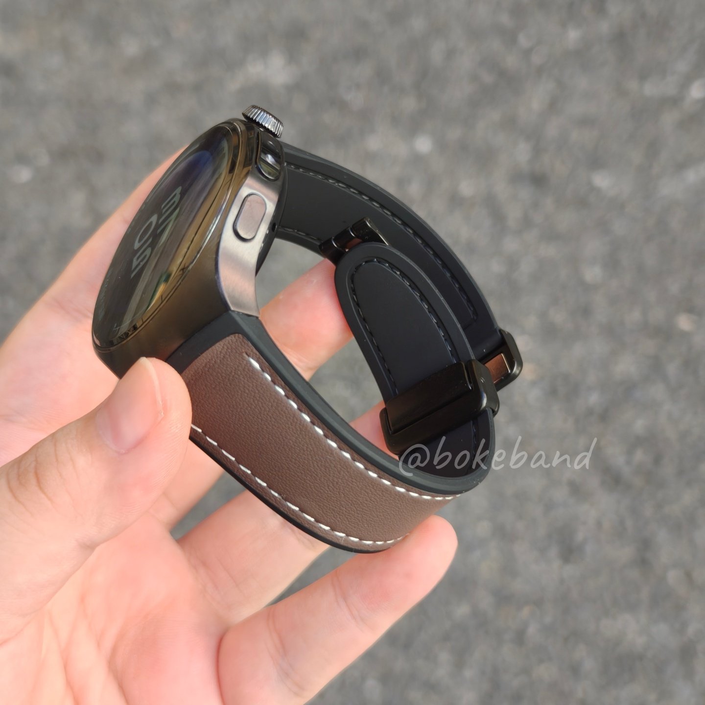 木星棕Watch5专用弧形接口无缝适用华为手表荔枝纹真皮磁吸表带