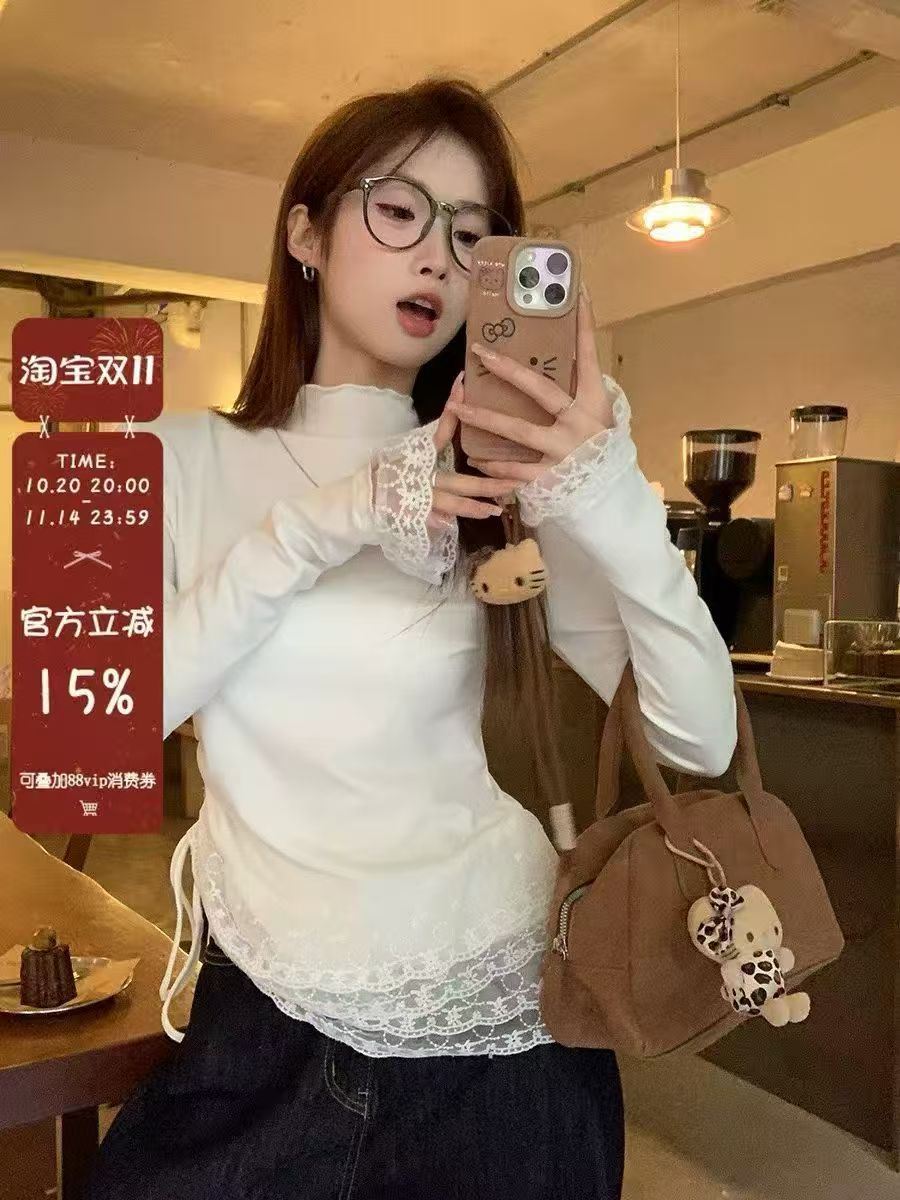 2025新款设计感蕾丝拼接抽绳长袖t恤女春秋冬白色修身高领打底衫