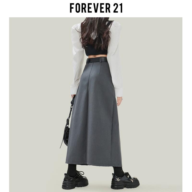 Forever21学院风灰色百褶西装半身裙女春款高腰A字中长大摆伞裙子