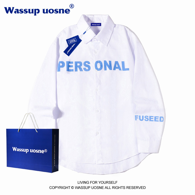 WASSUP秋季韩版2023新款宽松字母印花长袖衬衫男女情侣装衬衣外套