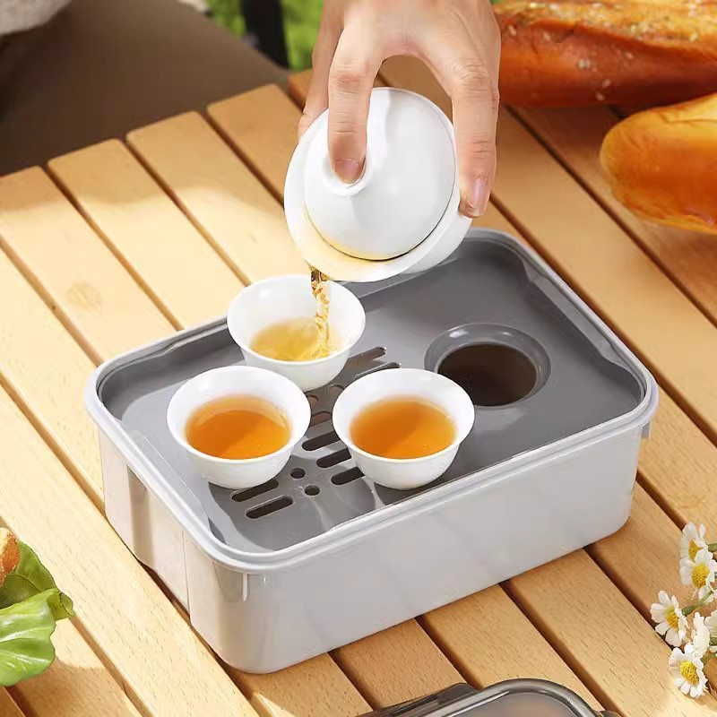 塑料功夫茶具套装工地茶盘一壶三杯茶旅行茶盘车载茶盘收纳盒