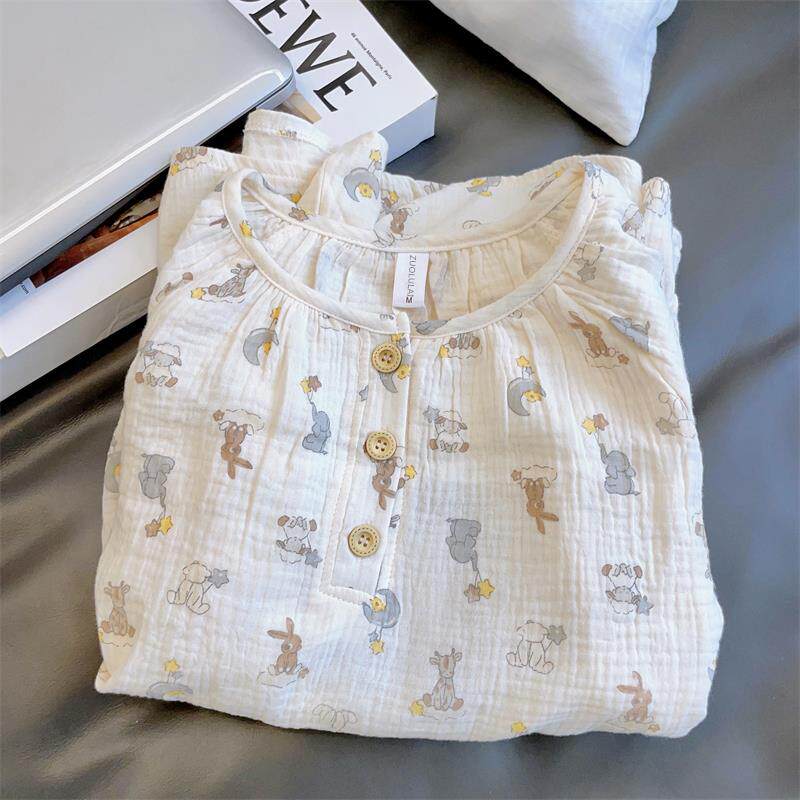 双层纯棉纱布睡衣女春秋长袖网红甜美可爱卡通秋天开衫薄款家居服