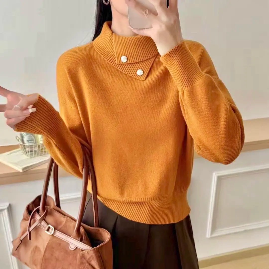不规则翻领针织衫女通勤款宽松立领套头加厚针织衫韩版慵懒风上衣
