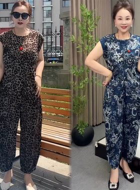 夏季妈妈豹纹宽松遮肚显瘦套装