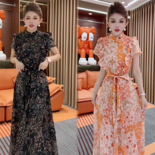 夏季新中式旗袍领碎花两件套连衣裙女收腰显瘦气质百搭女士长裙子