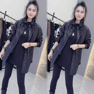 女中长款 韩系宽松PU皮衬衫 翻领皮衣外套休闲显瘦百搭上衣 新款 春季