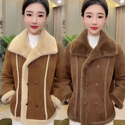 欧韩皮毛一体羊羔毛外套女冬季新潮翻领双排扣加绒设计感保暖上衣