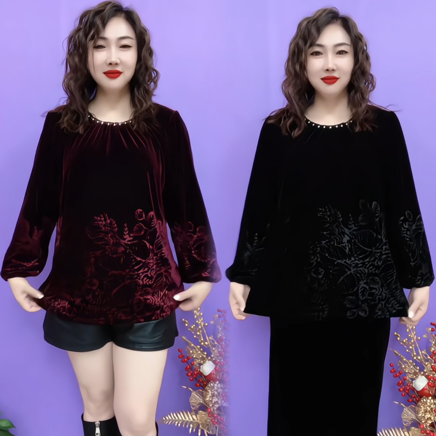 中老年女上衣新款秋季2025高贵金丝绒T恤显瘦妈妈装大码打底小衫