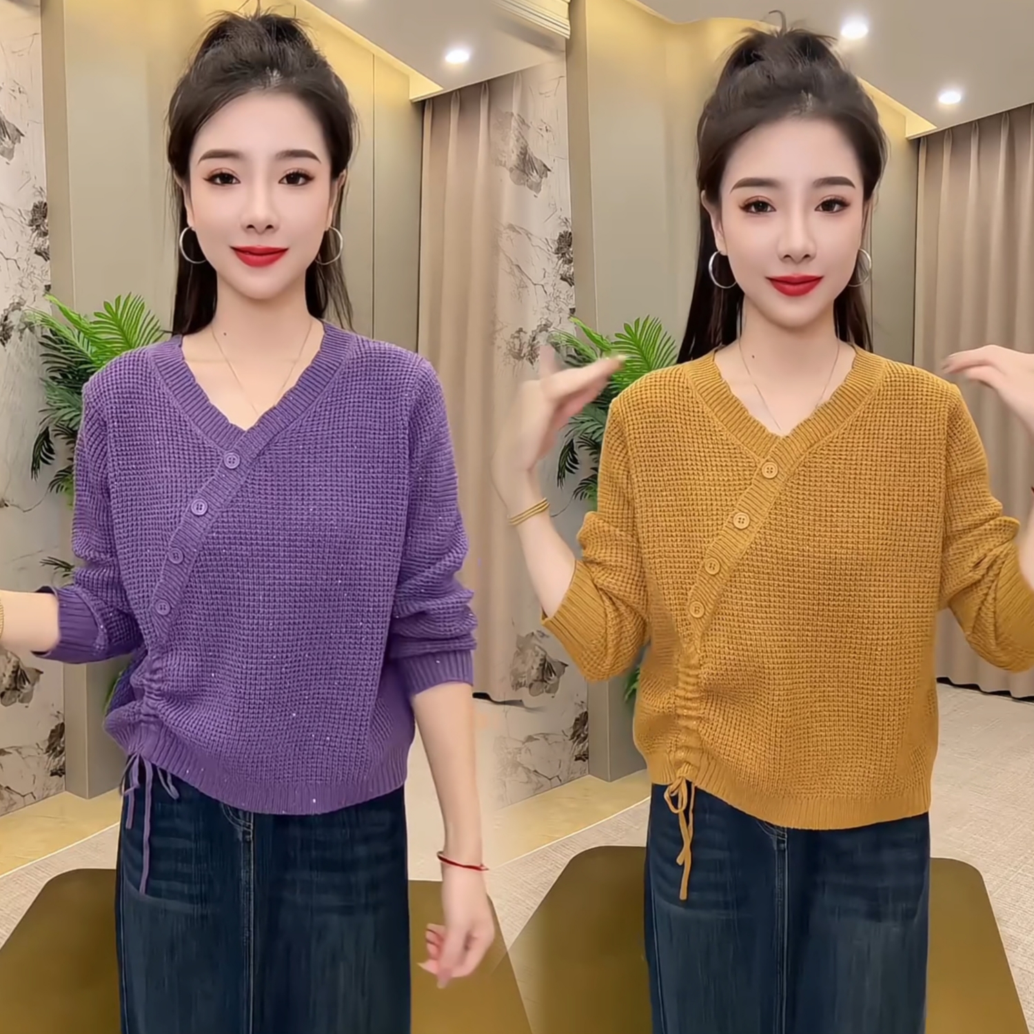 抽绳长袖时尚打底春秋国风斜扣针织衫女毛衣洋气纯色新款女士上衣