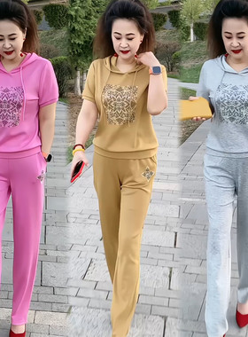 大码女夏季显瘦烫钻运动套装