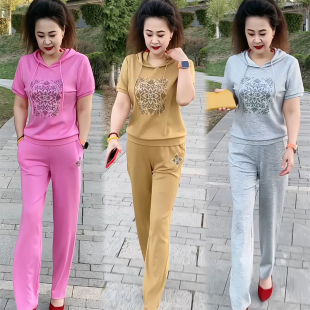大码女装夏季新款连帽短袖两件套宽松显瘦烫钻休闲运动长裤套装女