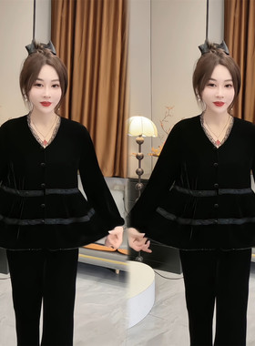 秋季金丝绒V领蕾丝显瘦女开衫