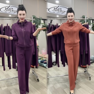 高端妈妈春装休闲运动套装洋气减龄连帽卫衣阔腿裤两件套中年女装