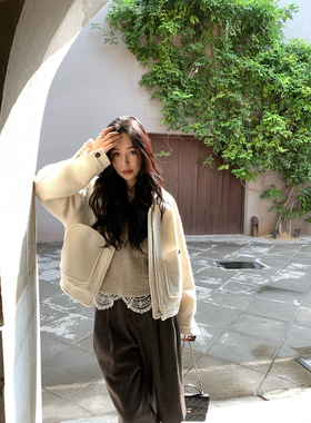 isaro uu 羊毛粗花呢定染两色外套~私服大口袋落肩宽松夹克外套