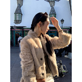 奢贵胎毛小湖羊 isaro 定染米驼色超柔软两穿皮毛一体皮草外套