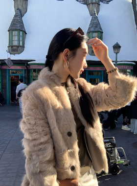 isaro uu 奢贵胎毛小湖羊~定染米驼色超柔软两穿皮毛一体皮草外套