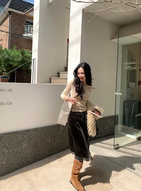 isaro uu 自由腰系带开片式丝绒半裙~缎光感丝绒蕾丝拼接半身裙