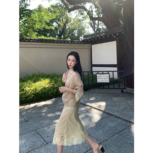 isaro uu 拼接美学蕾丝复古波点裙~松弛感细边松紧腰定染印花半裙