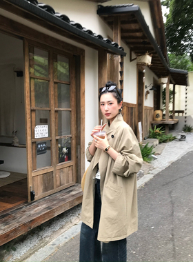 isaro uu 定染酵素水洗系列~秋日画报立领一粒扣宽松廓形风衣外套