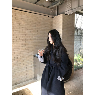 isaro uu 悦己大衣~气质藏蓝色立领双排扣苏力羊毛长款大衣外套