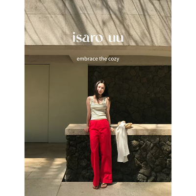 isaro uu法式红’100纸感棉侧腰抽绳直筒裤