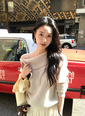 isaro uu 山羊绒羊毛混纺~慵懒露肩荡领多穿软糯亲肤针织毛衣