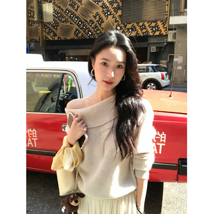 isaro uu 山羊绒羊毛混纺~慵懒露肩荡领多穿软糯亲肤针织毛衣