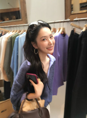 isaro uu 私服绝美蓝紫拼色~小肚纱慵懒感Polo领半袖针织毛衣