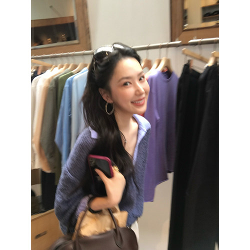 isaro uu 私服绝美蓝紫拼色~小肚纱慵懒感Polo领半袖针织毛衣