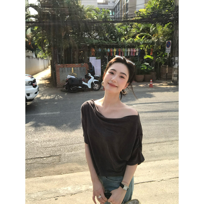 isaro uu 定制高品生态松弛亚麻~斜肩一字领多穿短袖T恤