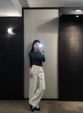 isaro uu 舒适自在米杏休闲裤~定染洗色斜纹棉宽松直筒裤