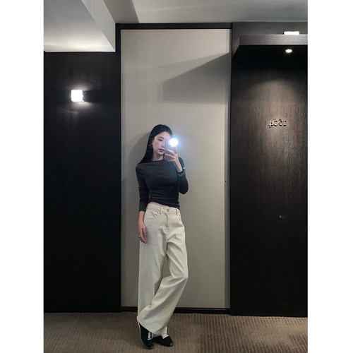 isaro uu 舒适自在米杏休闲裤~定染洗色斜纹棉宽松直筒裤