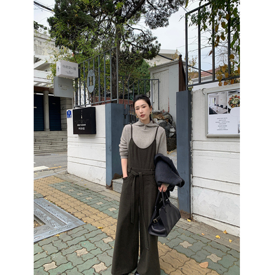 isaro uu 复古橄榄绿背带裤~高克重羊毛腰带直筒休闲裤