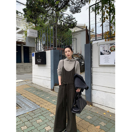 isaro uu 复古橄榄绿背带裤~高克重羊毛腰带直筒休闲裤