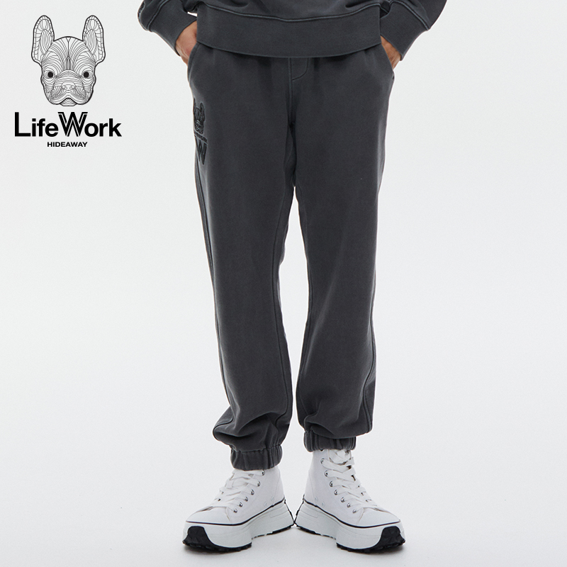 LifeWork秋季新品全棉休闲裤中性字母刺绣束脚裤斗牛犬长裤