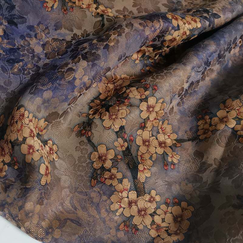 重磅篮紫小花透孔花萝香云纱桑蚕丝高级定制连衣裙短袖裤子面料