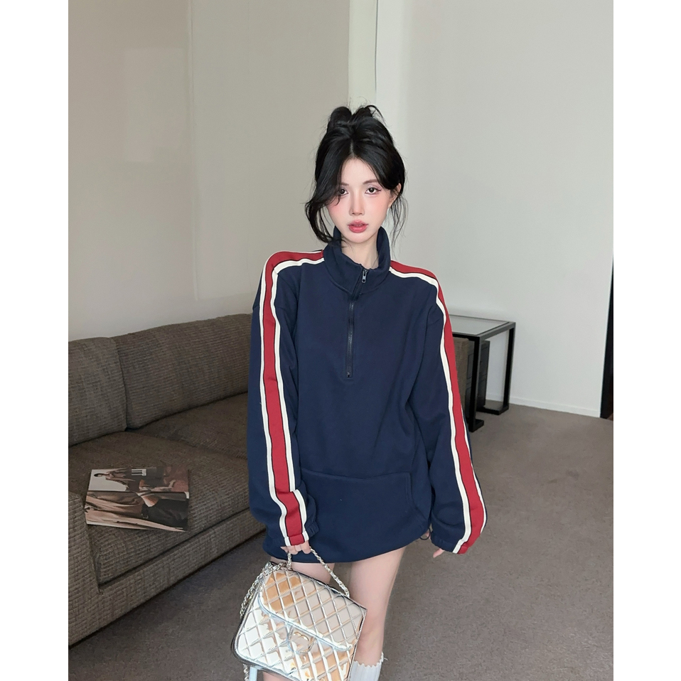 实拍实价  韩国加绒加厚卫衣半拉链设计款宽松显瘦上衣绒卫衣女
