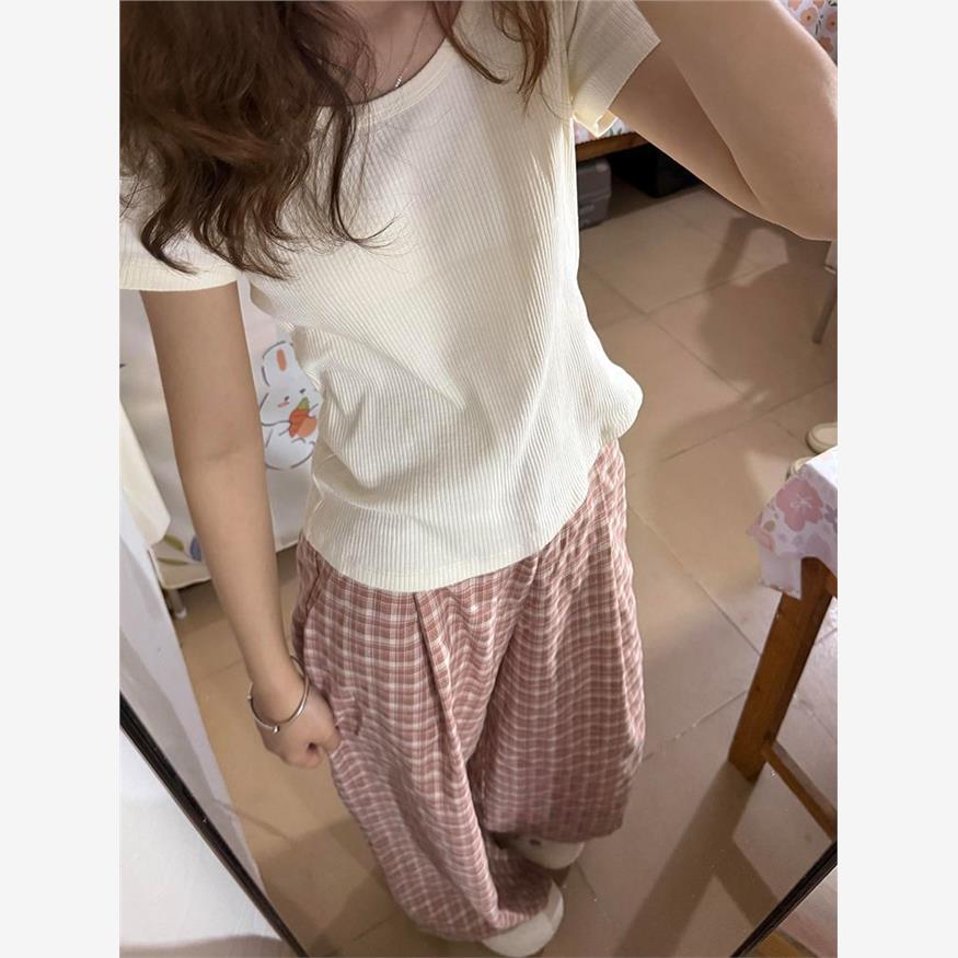 韩系简约休闲运动服套装女夏天穿搭修身白色短袖格子阔腿裤两件套