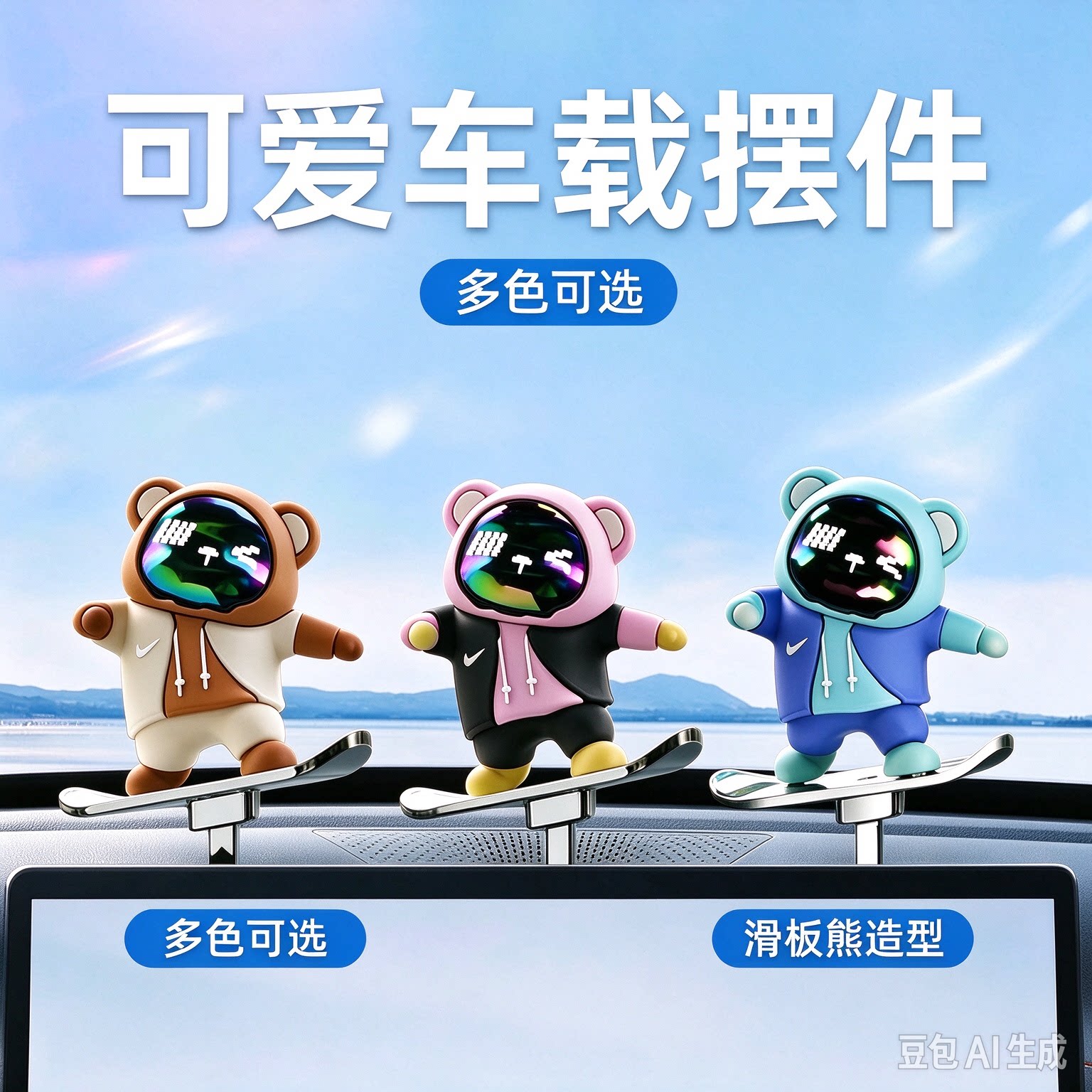 网红滑板熊车载中控台摆件