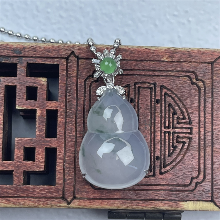新品18K金镶嵌缅甸天然A货翡翠冰种起胶飘花福禄葫芦项链玉石吊坠
