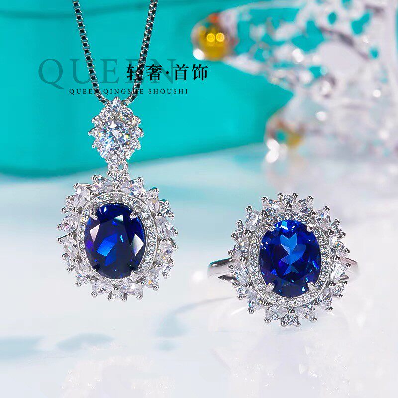 PT950铂金进口D色莫桑石轻奢复古戒指白金色超闪蓝宝石晚宴项链女