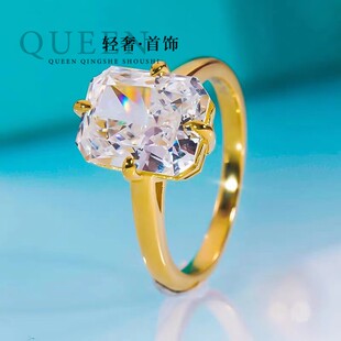 18K黄金进口D色莫桑石冰花方糖戒指AU750镶嵌4克拉简约小众指环女