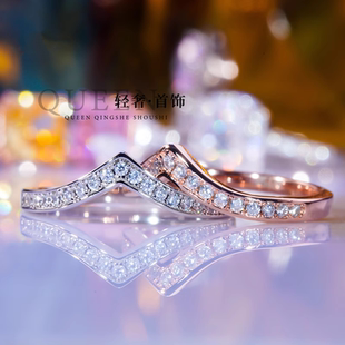 纯18K金进口D色莫桑石简约V形排钻戒指玫瑰金满钻叠戴百搭尾戒潮