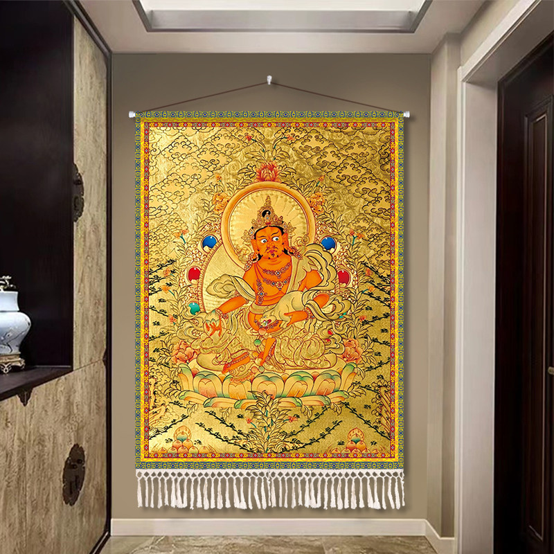 藏式唐卡坛城挂画黄财神布艺客厅装饰壁画墙布玄关过道挂布背景布