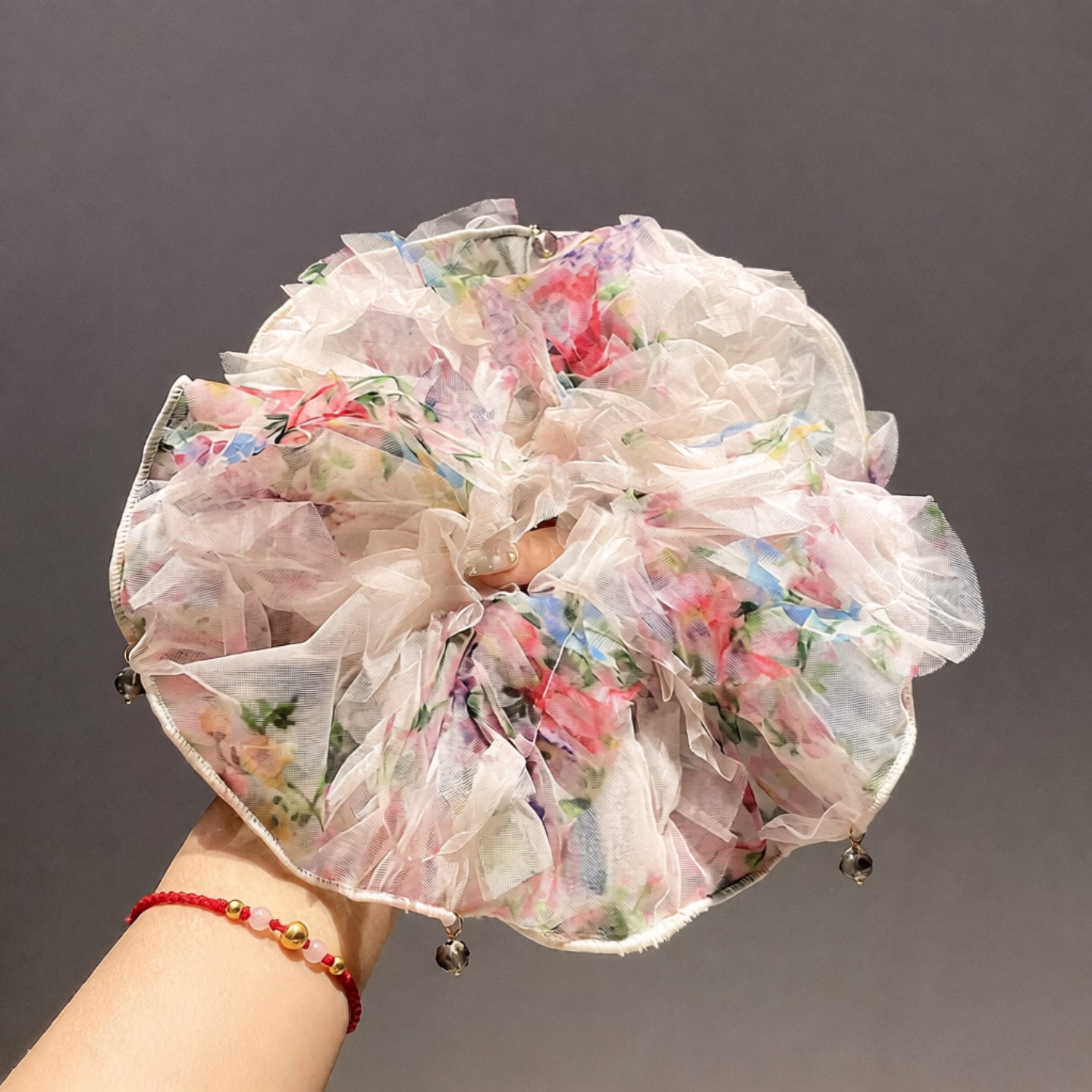 韩系春夏网纱碎花水晶大肠发圈女