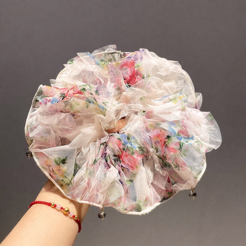 韩系春夏网纱碎花水晶大肠发圈女