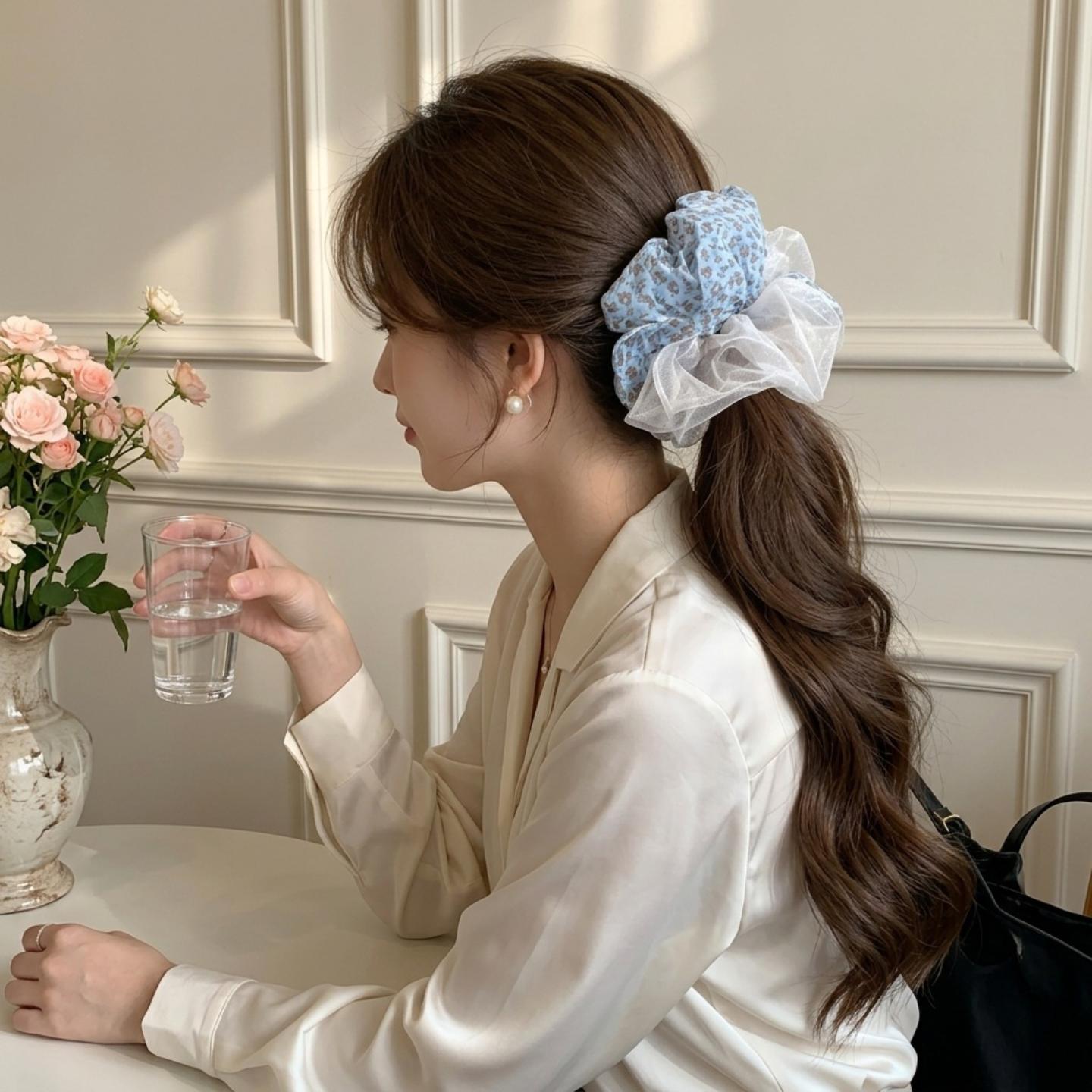 豹纹网纱拼接大肠发圈女夏甜酷风